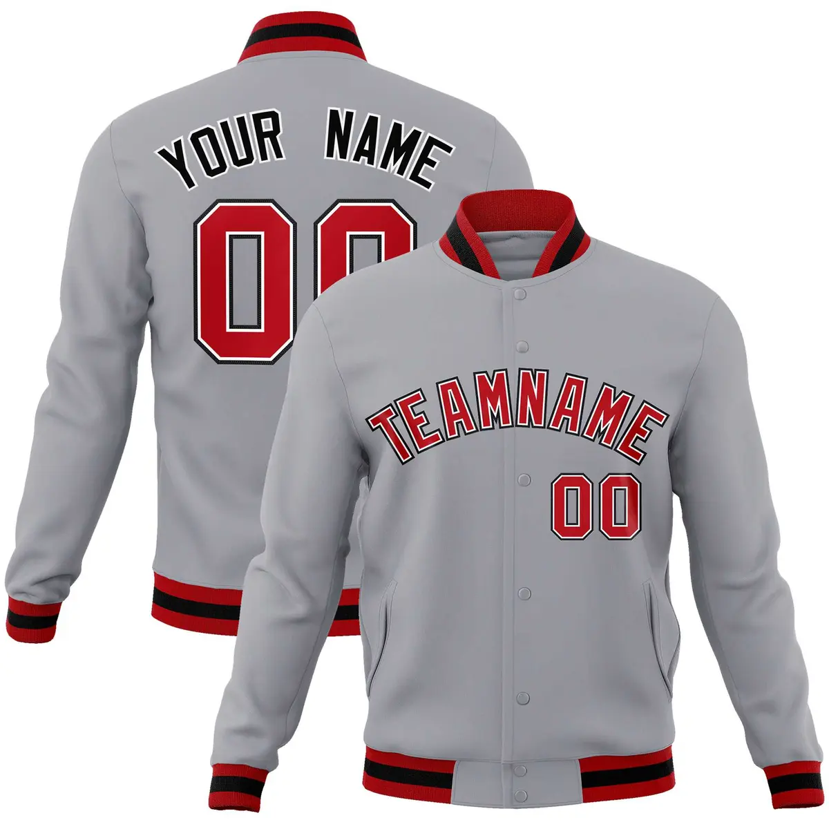 Gray Red-Black Classic Varsity Full-Snap Letterman Jacket