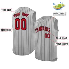 Gray Red-Black Striped Sleeveless Fashion Baseball Jersey 2
