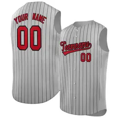 Gray Red-Black Striped Sleeveless Fashion Baseball Jersey