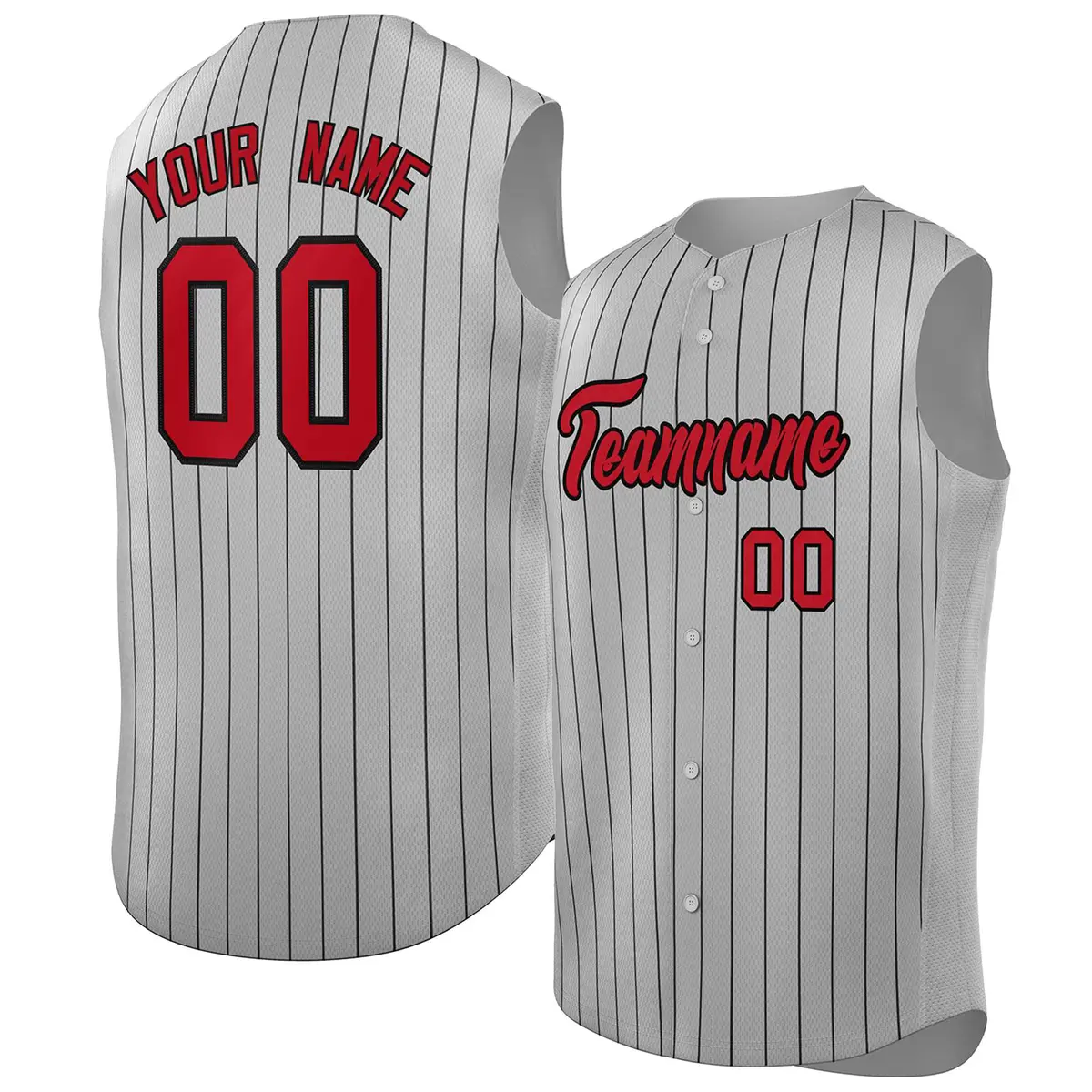 Gray Red-Black Striped Sleeveless Fashion Baseball Jersey