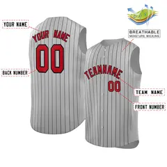 Gray Red-Black Striped Sleeveless Fashion Baseball Jersey 2