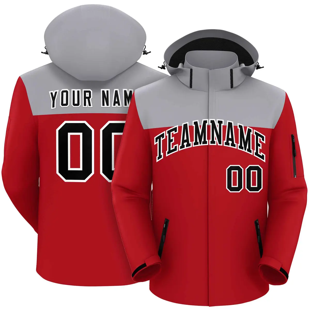 Gray Red-Black Two Tone Hooded Waterproof Jacket