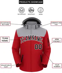 Gray Red-Black Two Tone Hooded Waterproof Jacket 2