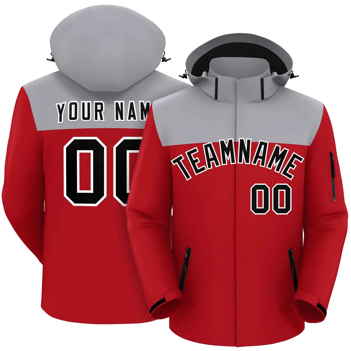 Gray Red-Black Two Tone Hooded Waterproof Jacket