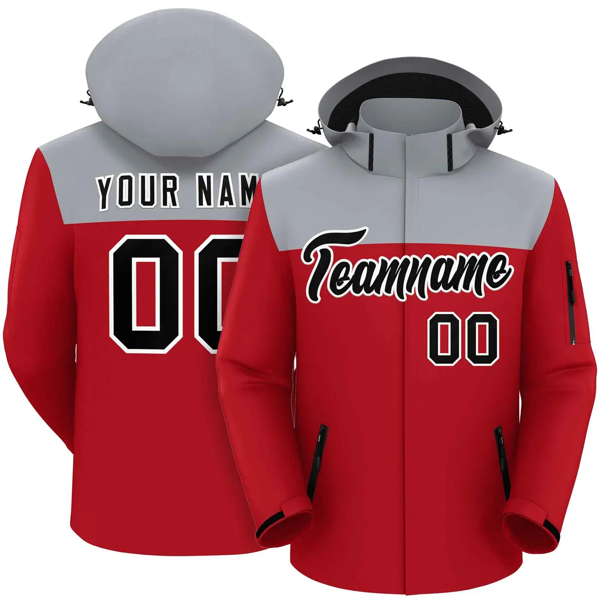 Gray Red-Black Two Tone Hooded Waterproof Jacket