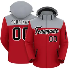 Gray Red-Black Two Tone Hooded Waterproof Jacket