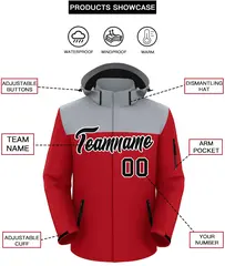 Gray Red-Black Two Tone Hooded Waterproof Jacket 2