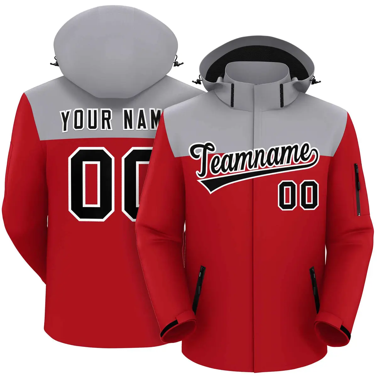 Gray Red-Black Two Tone Hooded Waterproof Jacket