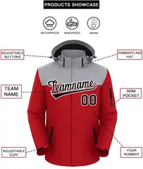 Gray Red-Black Two Tone Hooded Waterproof Jacket 2