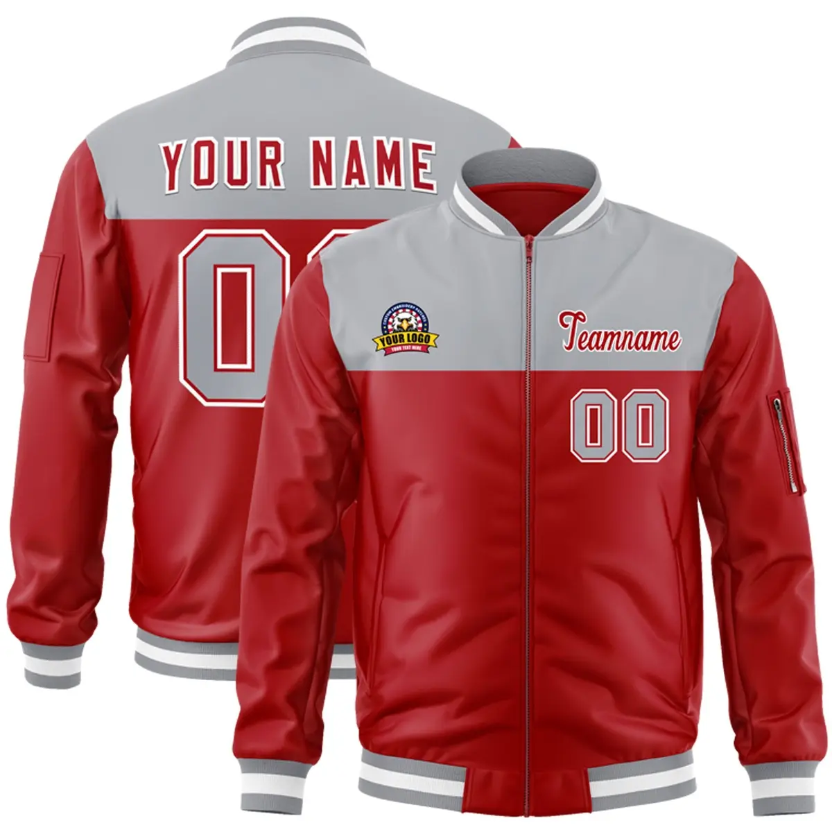 Gray Red Color Block Varsity Letterman Bomber Jacket