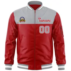 Gray Red Color Block Varsity Letterman Bomber Jacket 3