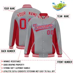 Gray Red Full-Snap Color Block Varsity Letterman Baseball Jacket 2
