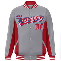 Gray Red Full-Snap Color Block Varsity Letterman Baseball Jacket 3