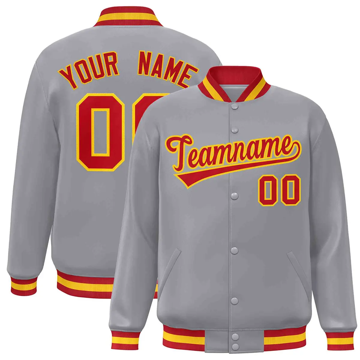 Gray Red-Gold Classic Varsity Full-Snap Letterman Jacket
