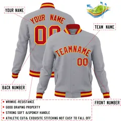 Gray Red-Gold Classic Varsity Full-Snap Letterman Jacket 4