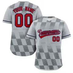 Gray Red Grid Speckles Color Block Authentic Baseball Jersey 1