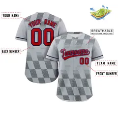 Gray Red Grid Speckles Color Block Authentic Baseball Jersey 2