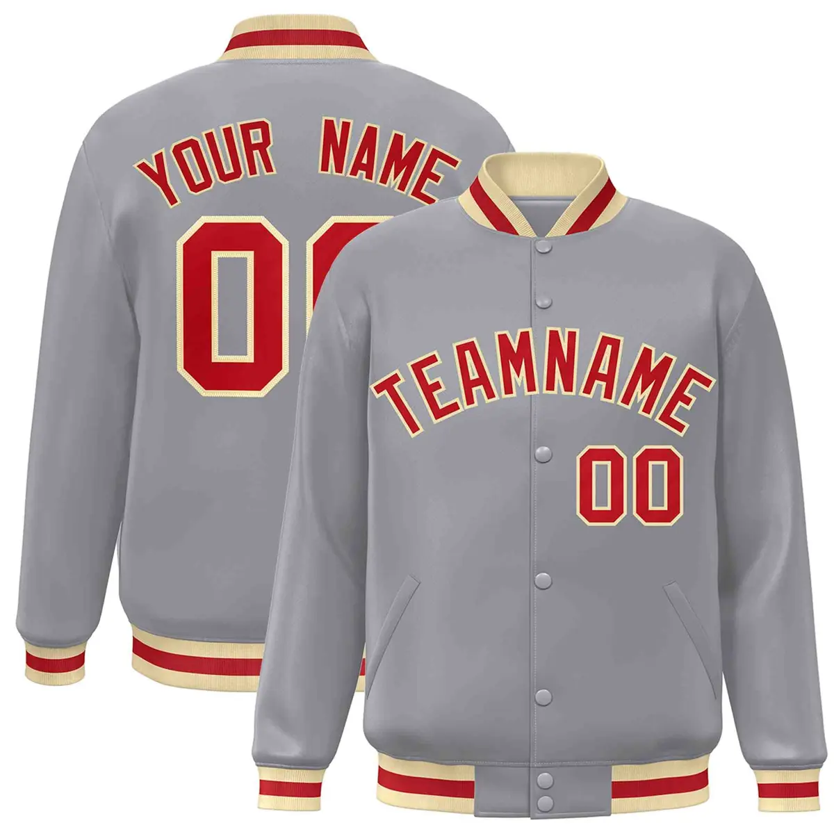 Gray Red-Khaki Classic Varsity Full-Snap Letterman Jacket