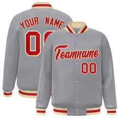 Gray Red-Khaki Classic Varsity Full-Snap Letterman Jacket