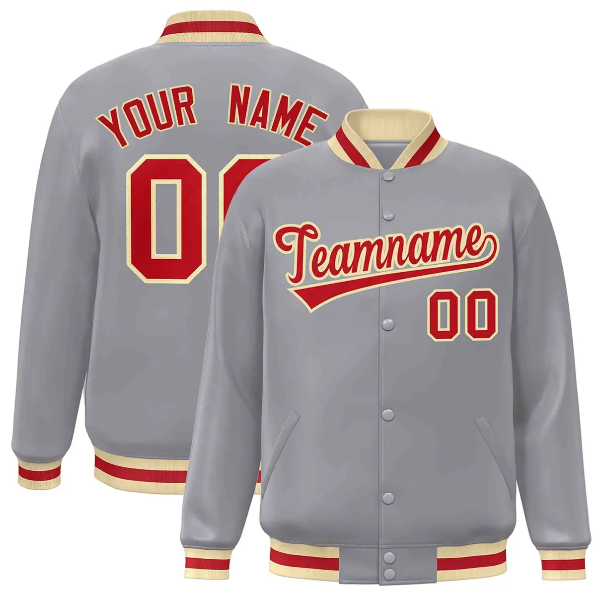Gray Red-Khaki Classic Varsity Full-Snap Letterman Jacket