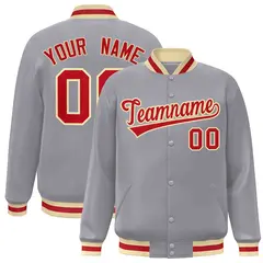 Gray Red-Khaki Classic Varsity Full-Snap Letterman Jacket 1
