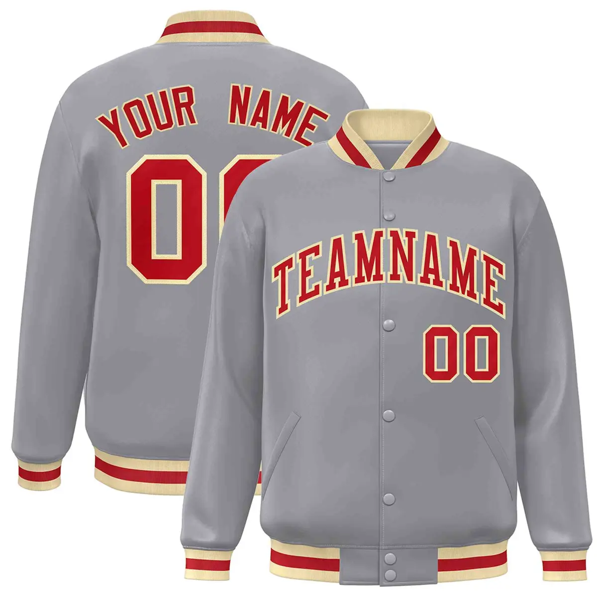 Gray Red-Khaki Classic Varsity Full-Snap Letterman Jacket