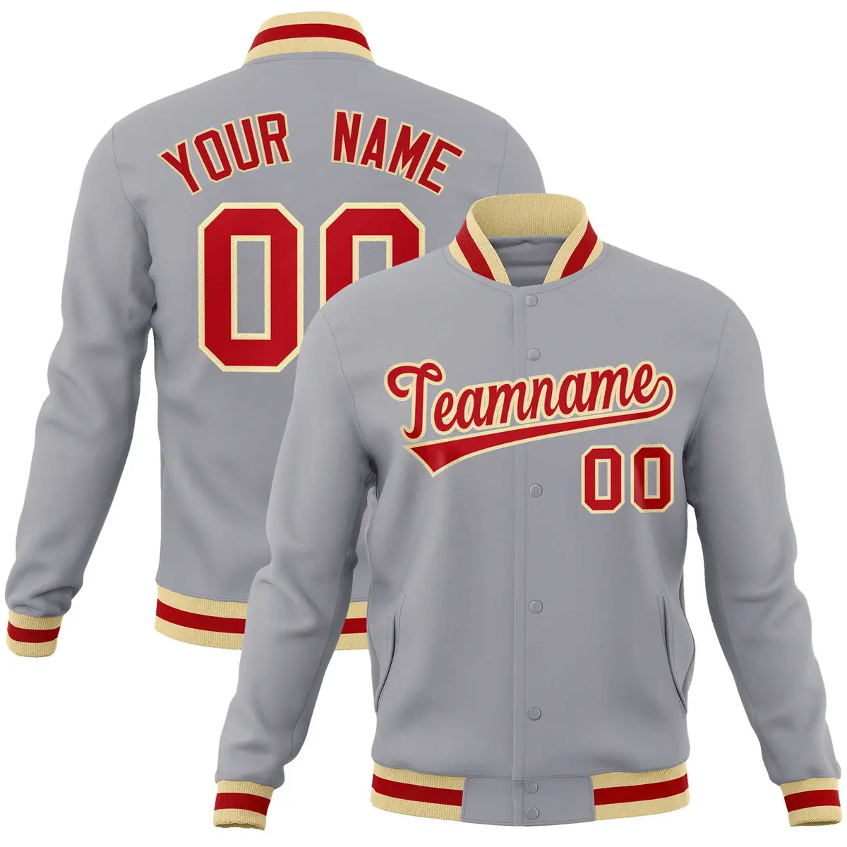 Gray Red-Khaki Classic Varsity Full-Snap Letterman Jacket