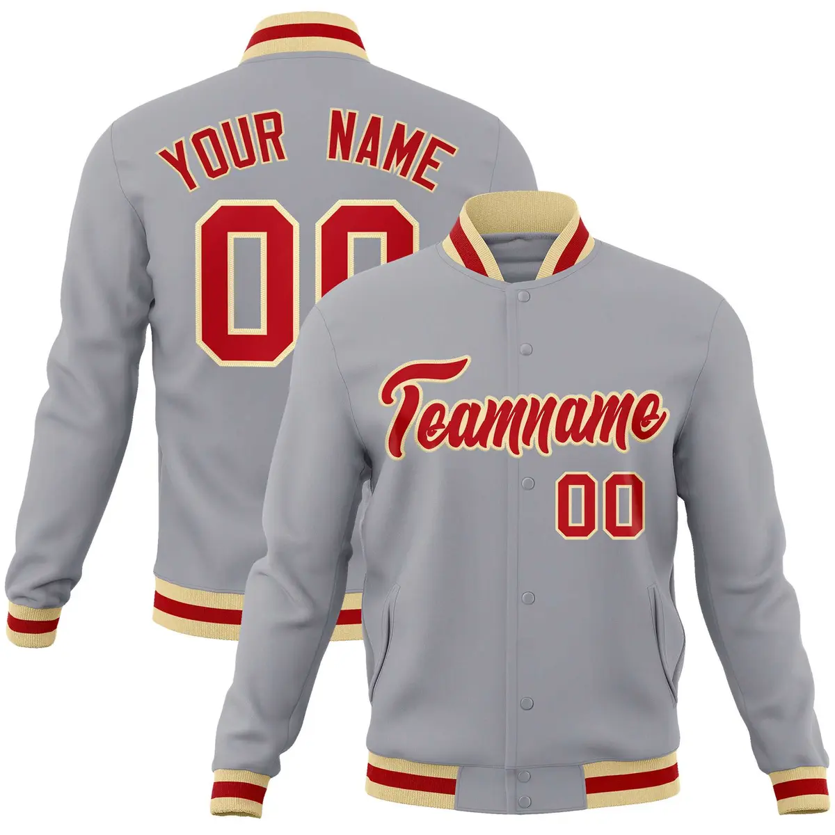 Gray Red-Khaki Classic Varsity Full-Snap Letterman Jacket