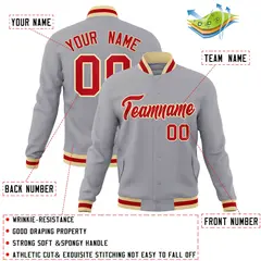 Gray Red-Khaki Classic Varsity Full-Snap Letterman Jacket 4