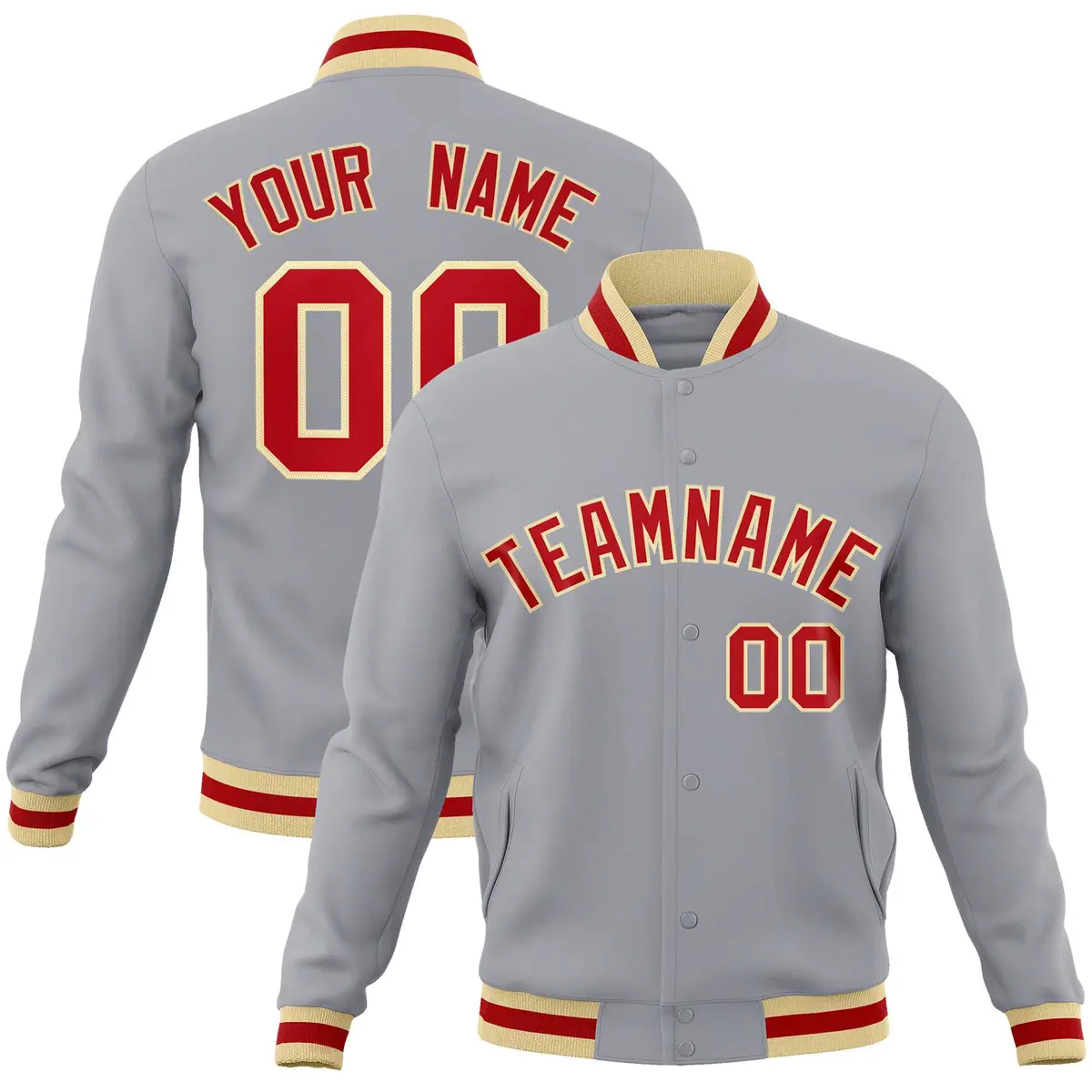 Gray Red-Khaki Classic Varsity Full-Snap Letterman Jacket