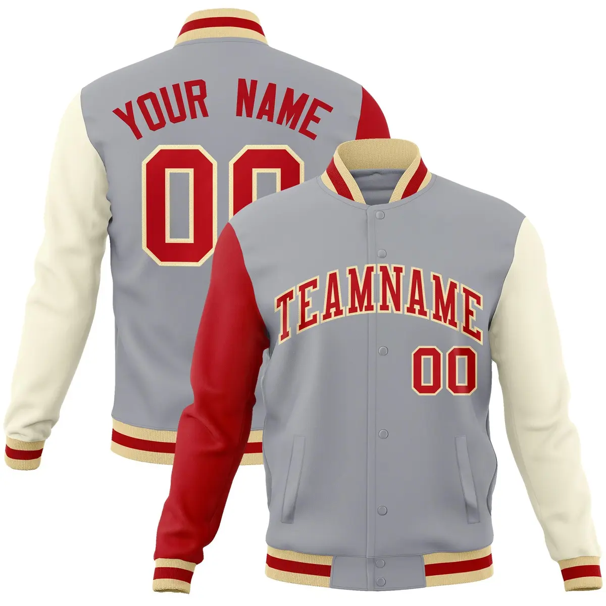 Gray Red-Khaki Raglan Varsity Full-Snap Letterman Jacket
