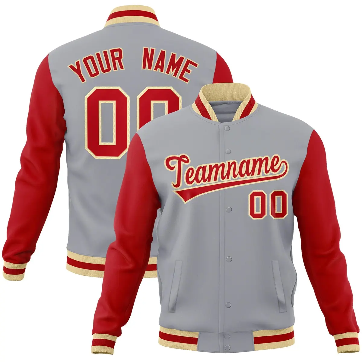 Gray Red-Khaki Raglan Varsity Full-Snap Letterman Jacket