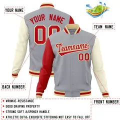 Gray Red-Khaki Raglan Varsity Full-Snap Letterman Jacket 4