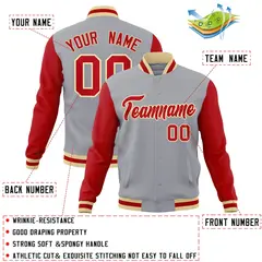 Gray Red-Khaki Raglan Varsity Full-Snap Letterman Jacket 4