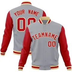 Gray Red-Khaki Raglan Varsity Full-Snap Letterman Jacket 1