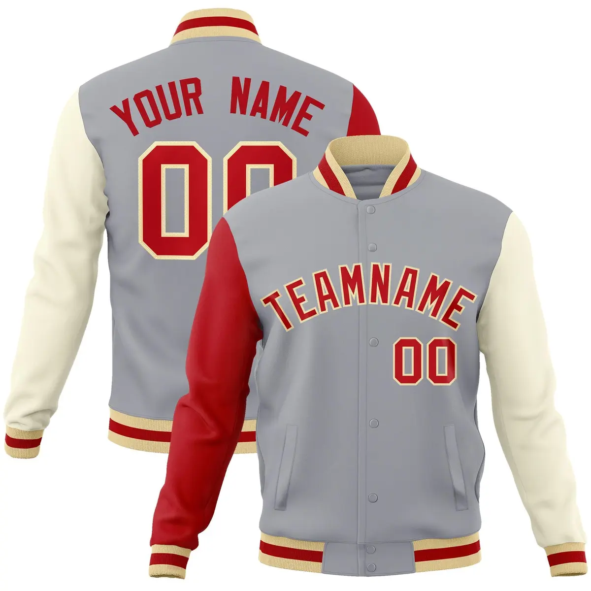 Gray Red-Khaki Raglan Varsity Full-Snap Letterman Jacket