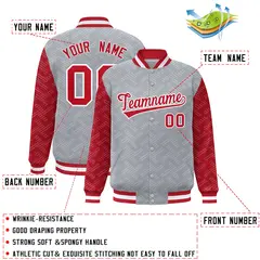 Gray Red L Pattern Raglan Full-Snap Varsity Letterman Jacket 2