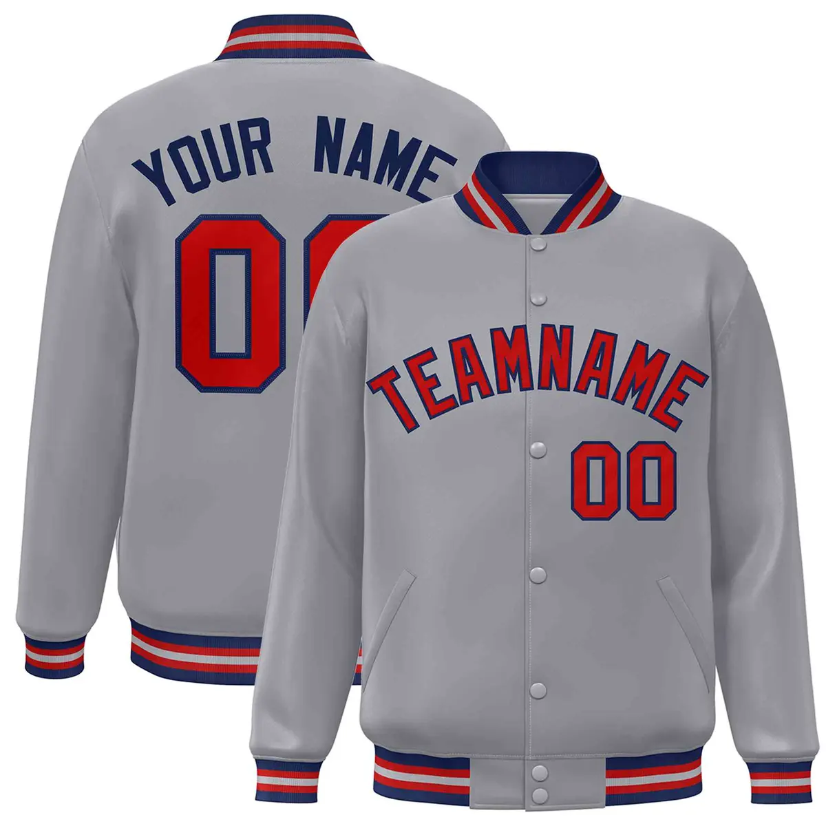 Gray Red-Navy Classic Varsity Full-Snap Letterman Jacket