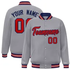 Gray Red-Navy Classic Varsity Full-Snap Letterman Jacket