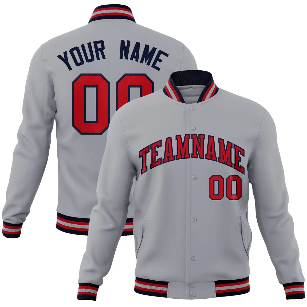 Gray Red-Navy Classic Varsity Full-Snap Letterman Jacket