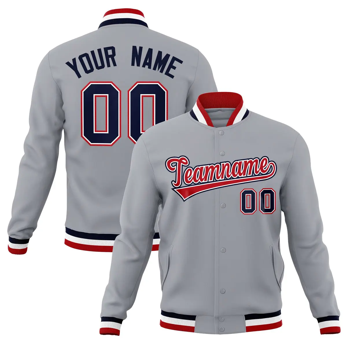 Gray Red-Navy Classic Varsity Full-Snap Letterman Jacket
