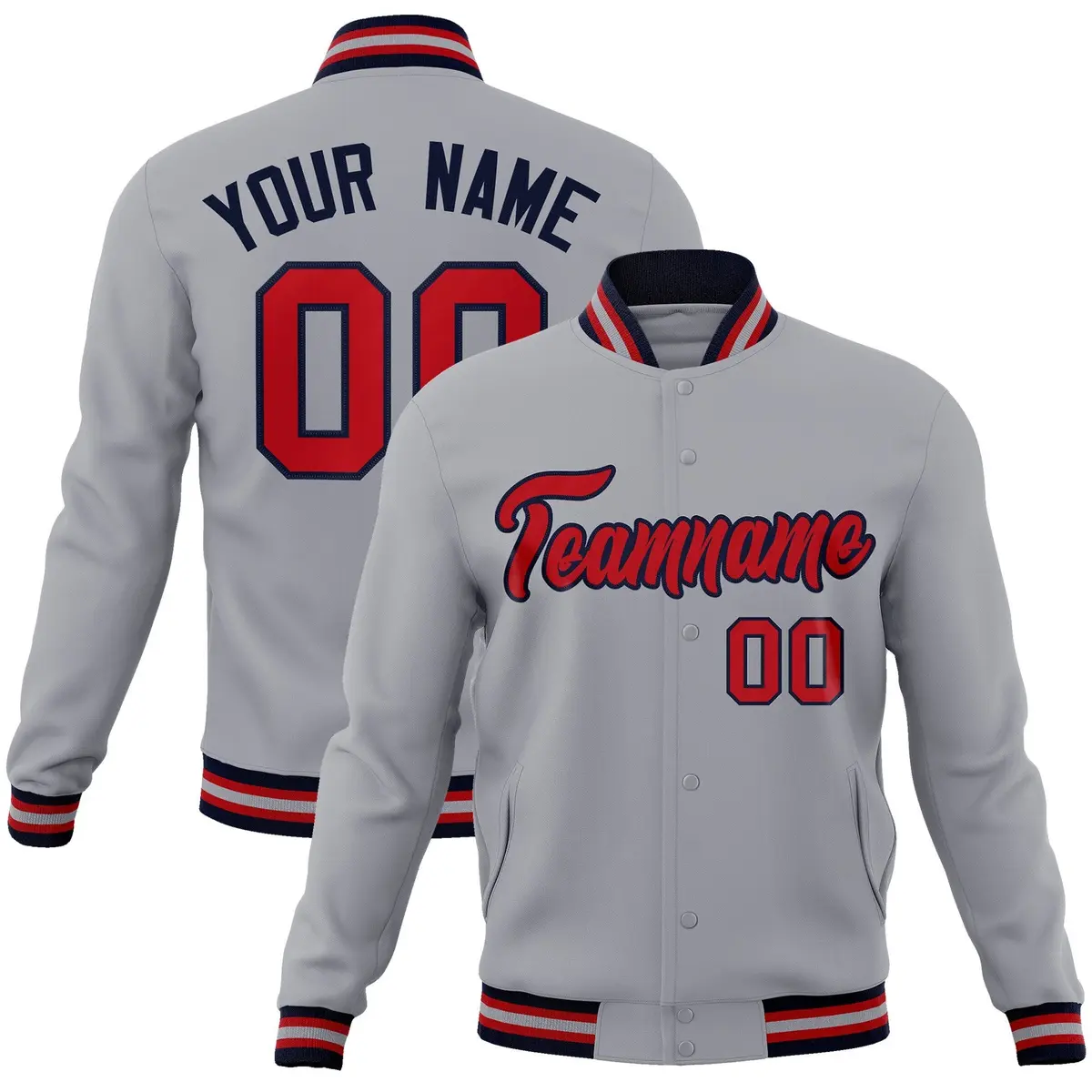 Gray Red-Navy Classic Varsity Full-Snap Letterman Jacket