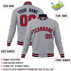 Gray Red-Navy Classic Varsity Full-Snap Letterman Jacket 4