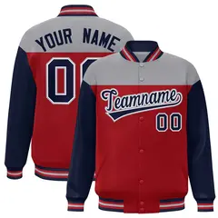 Gray Red-Navy Color Block Letterman Varsity Baseball Jacket
