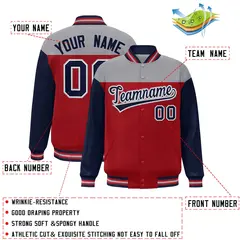 Gray Red-Navy Color Block Letterman Varsity Baseball Jacket 2