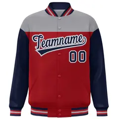 Gray Red-Navy Color Block Letterman Varsity Baseball Jacket 3