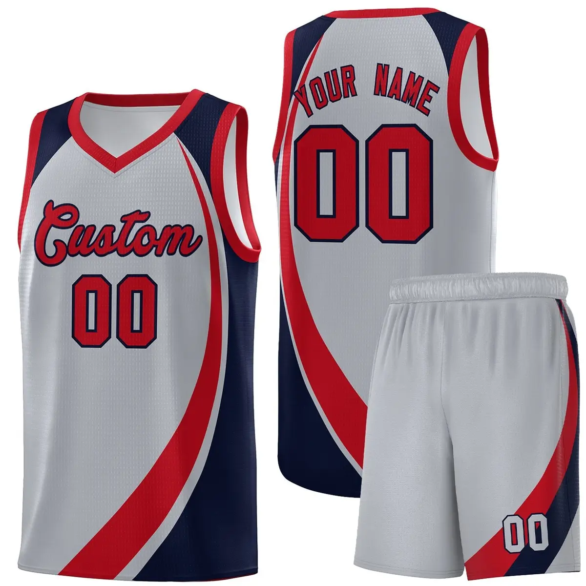 Gray Red-Navy Color Block Team Basketball Jersey