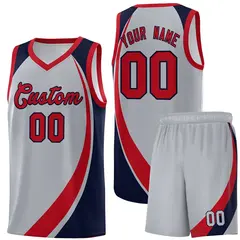 Gray Red-Navy Color Block Team Basketball Jersey