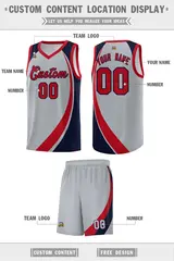 Gray Red-Navy Color Block Team Basketball Jersey 2