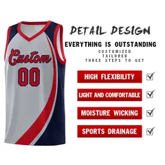 Gray Red-Navy Color Block Team Basketball Jersey 4